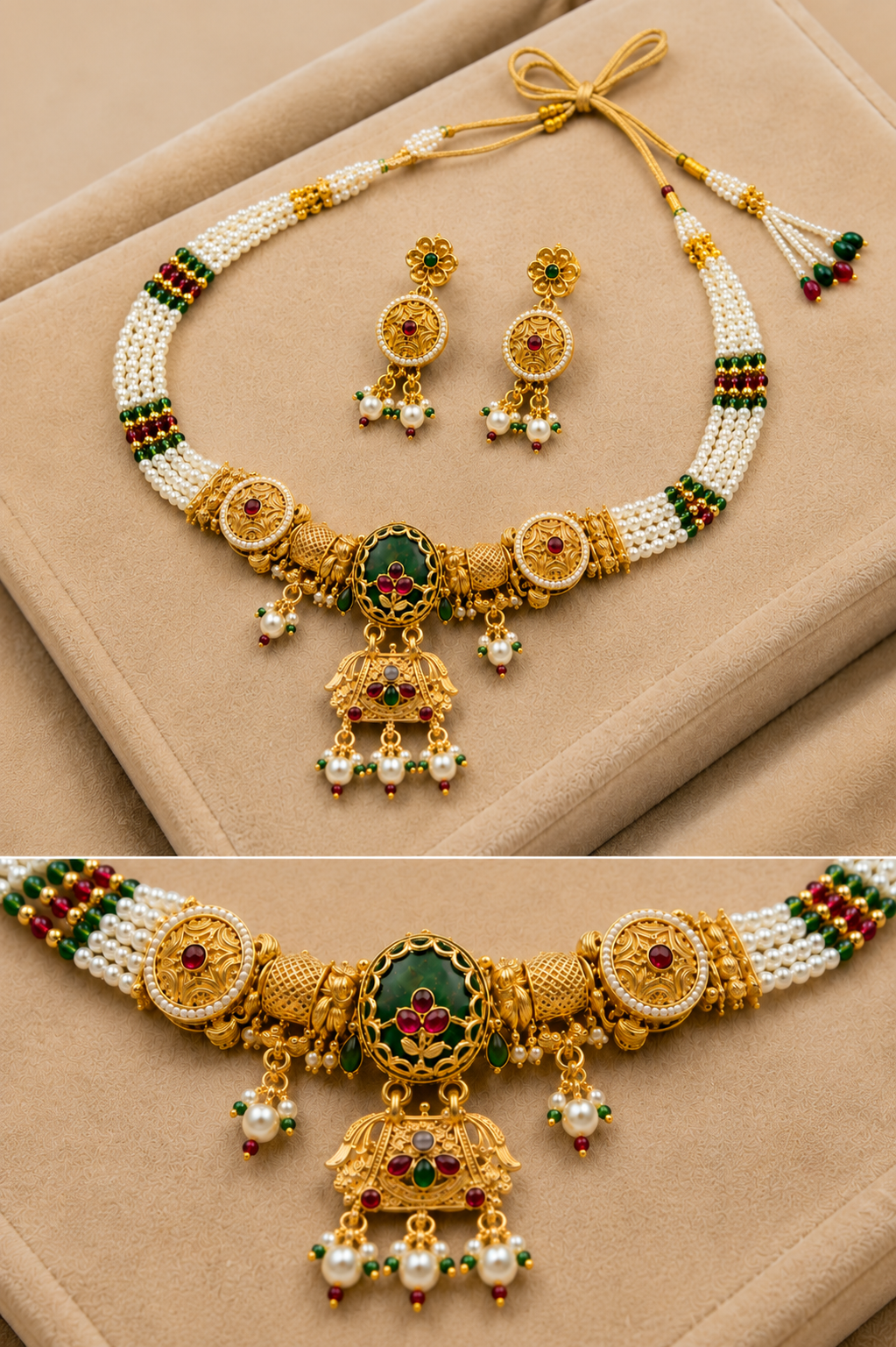 Gold-Tone Traditional Elephant Motif White Beaded Choker Necklace Set with Red & Green Stones