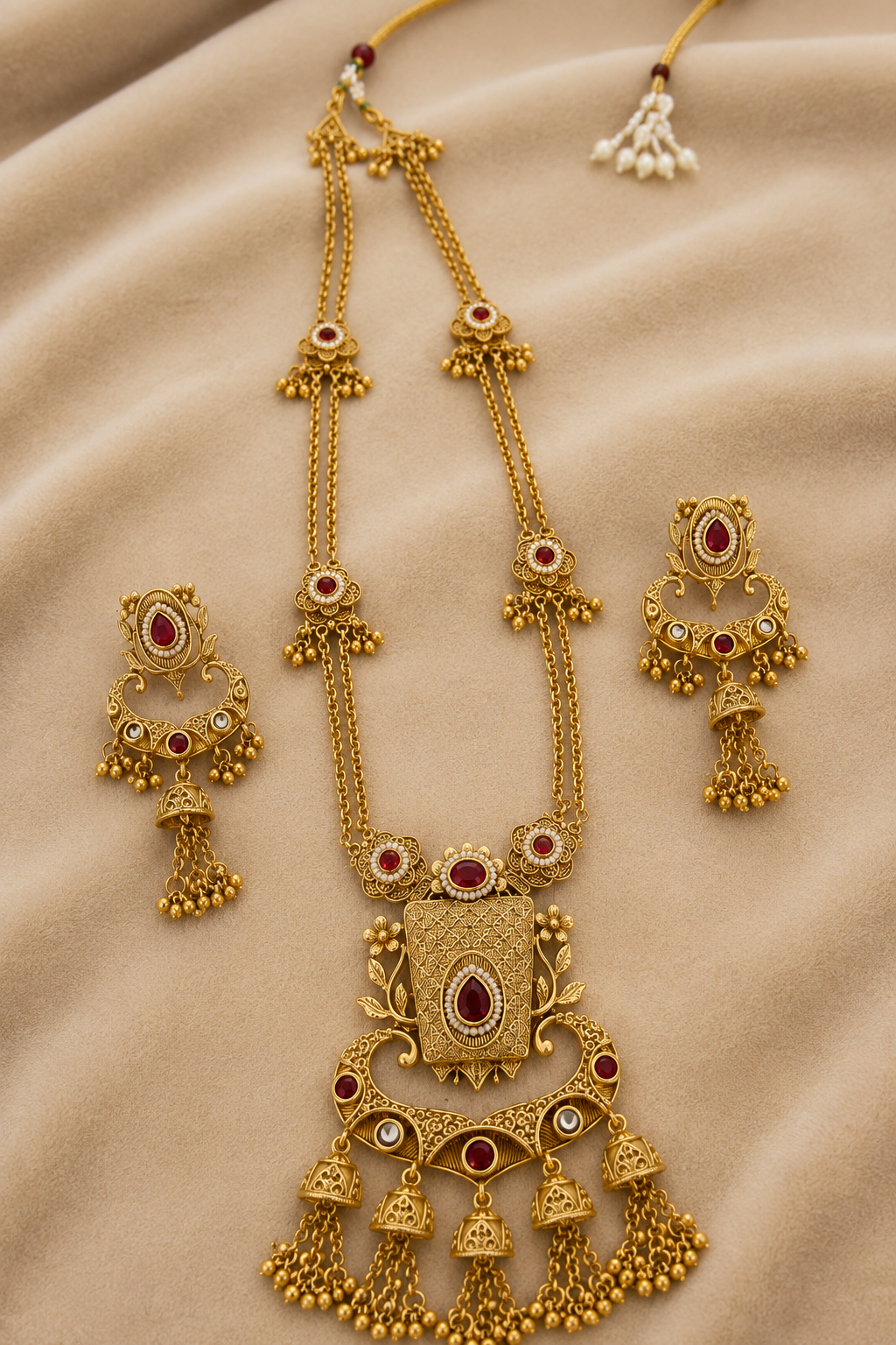 Gold-Tone Anti-Tarnish Traditional Temple Long Pendant Necklace Set with Red & Green Stones