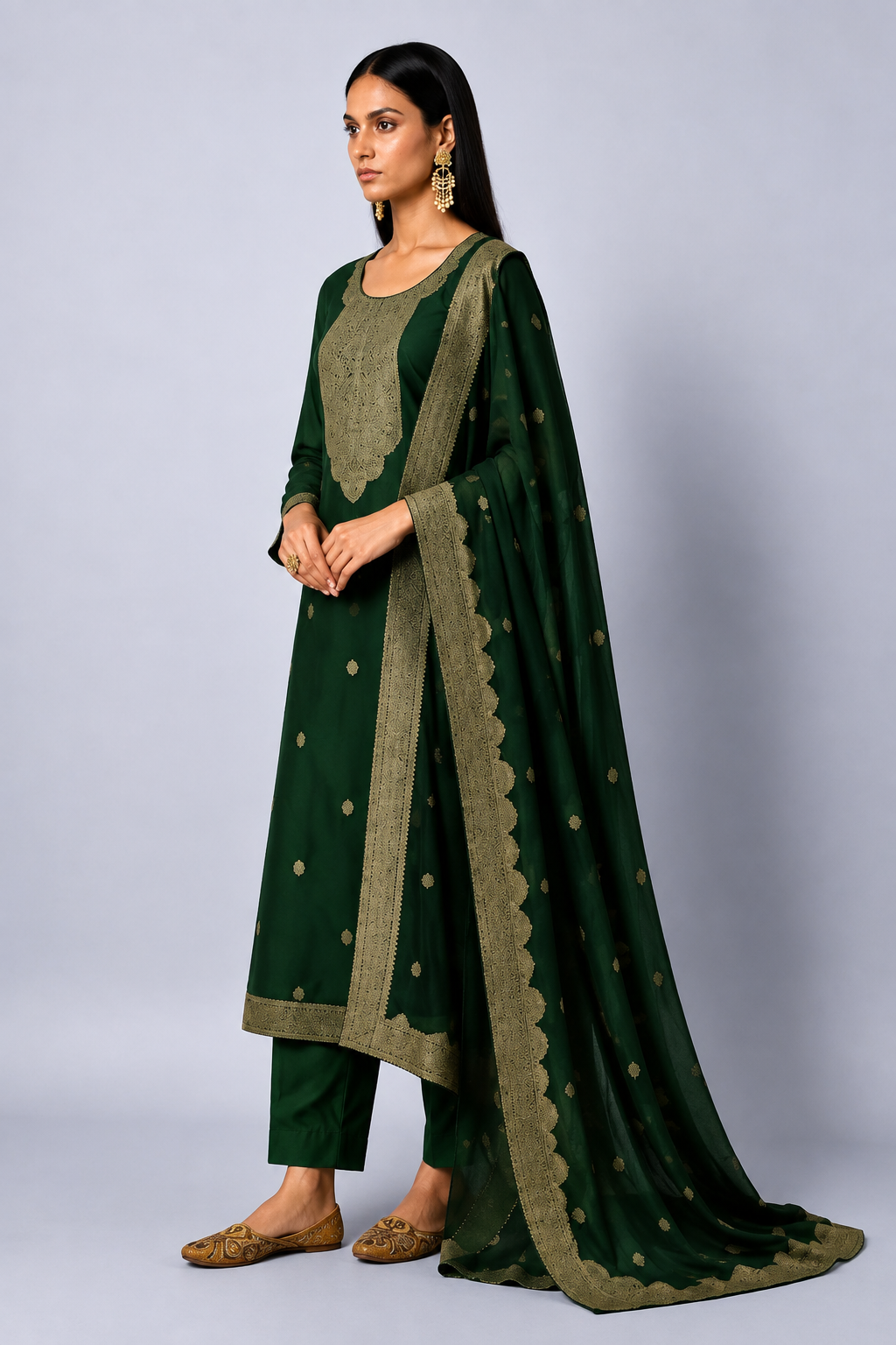 Bottle Green Viscose Silk Jacquard Suit Set With Hand Work