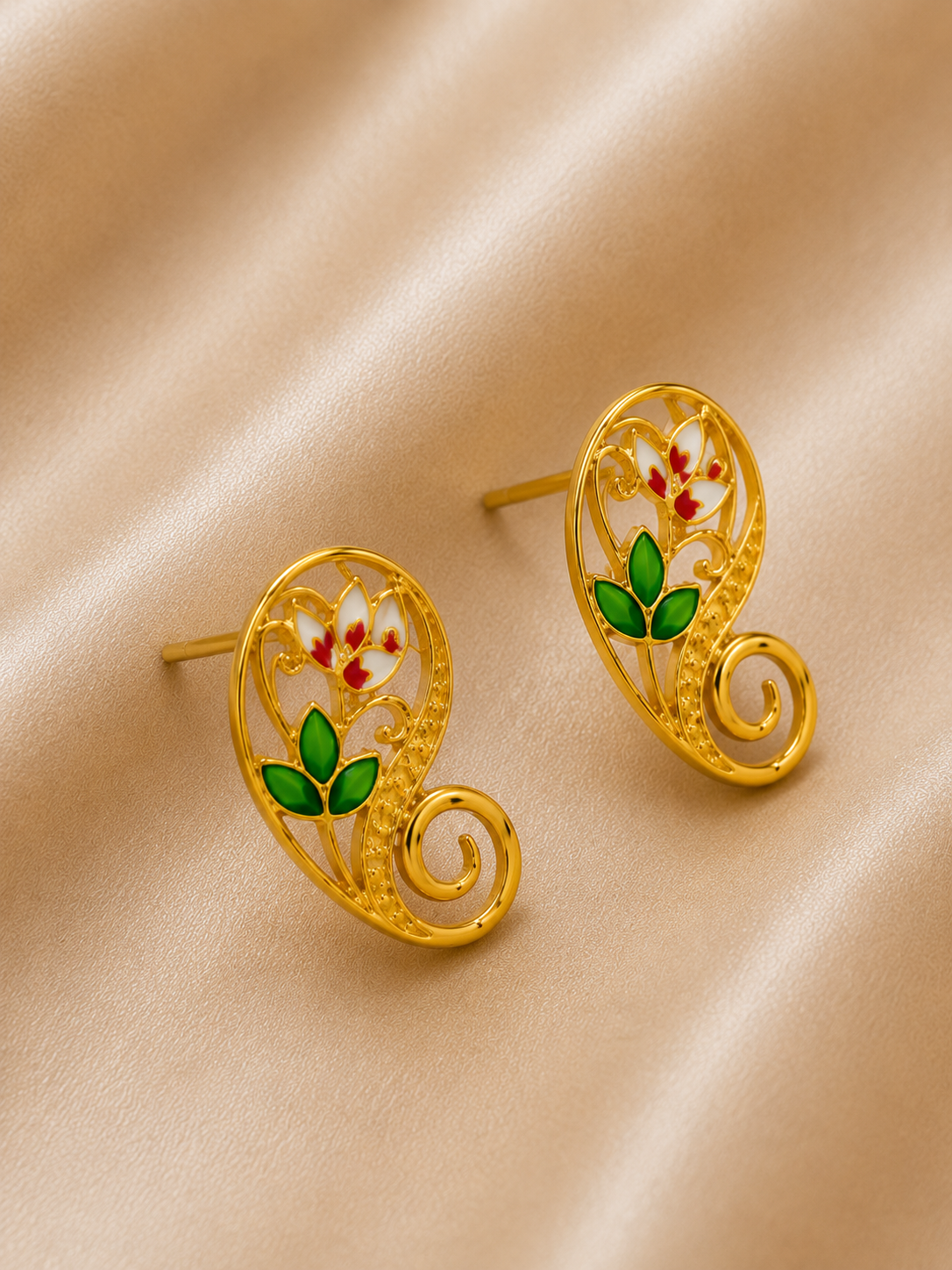 Gold-Tone Pendant Set Pink & Green Enamel Floral Pearl with Earrings