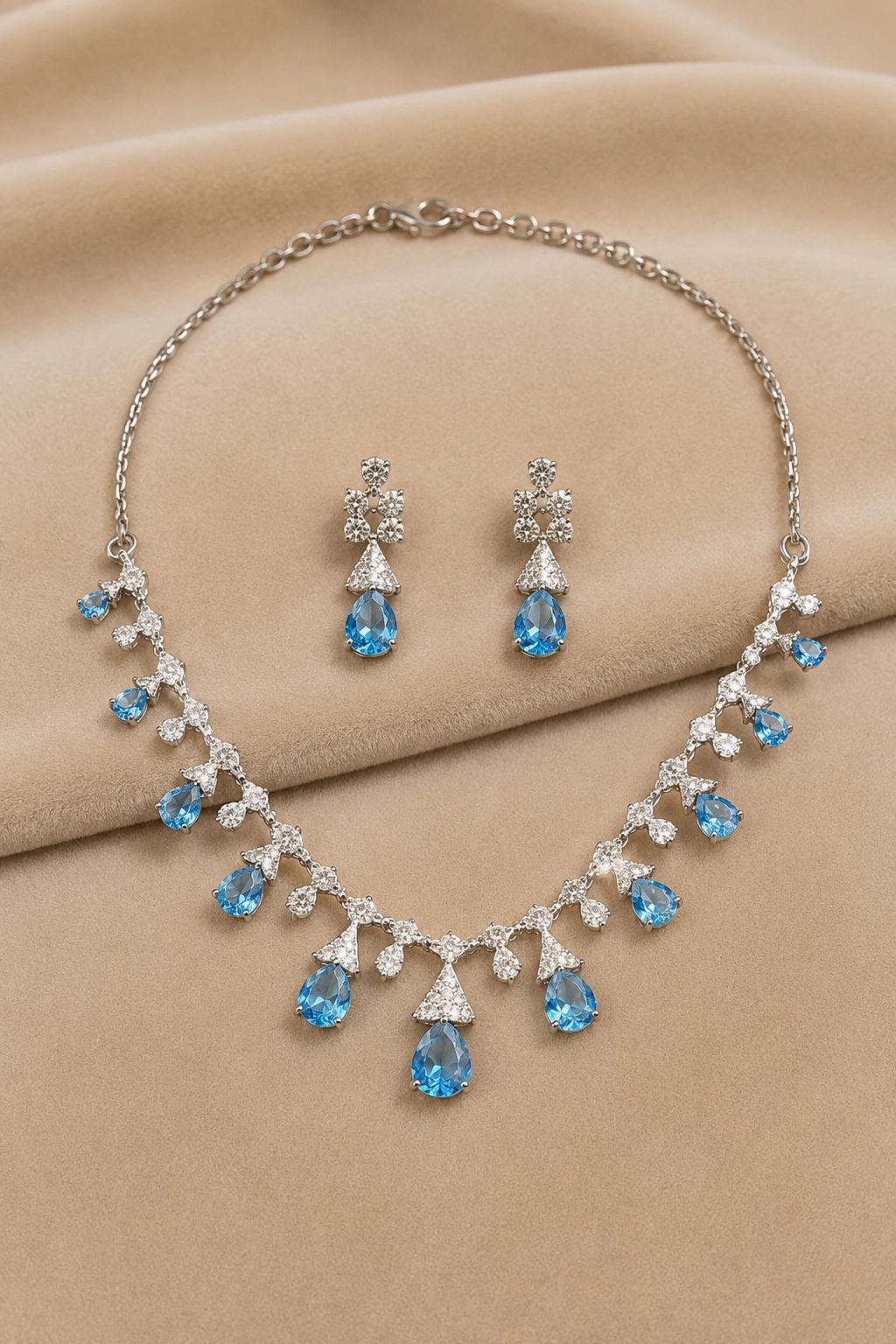Sky Blue Teardrop Stone Necklace Set with Floral Diamond-Studded Detailing