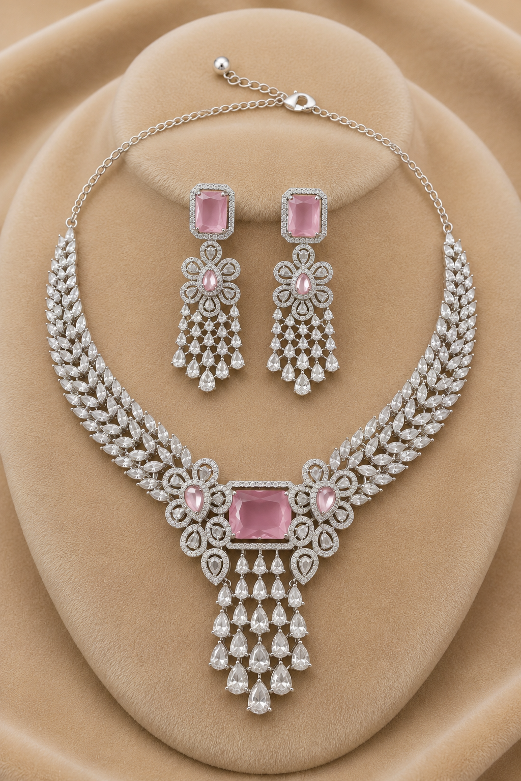 Pink Silver Tone American Diamond Necklace Set with Floral Motif