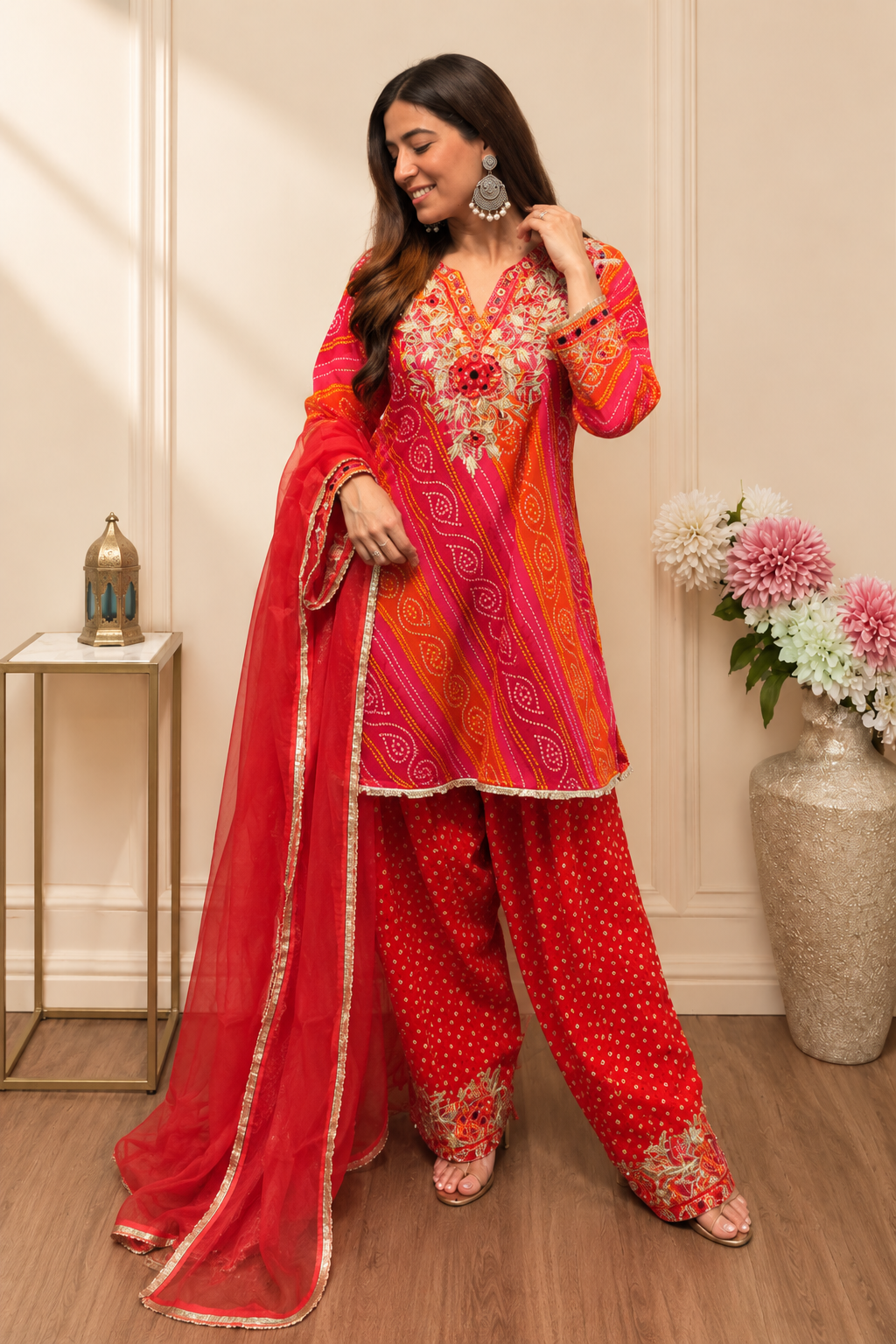 Red Georgette Bandhani Suit Set With Floral Embroidery