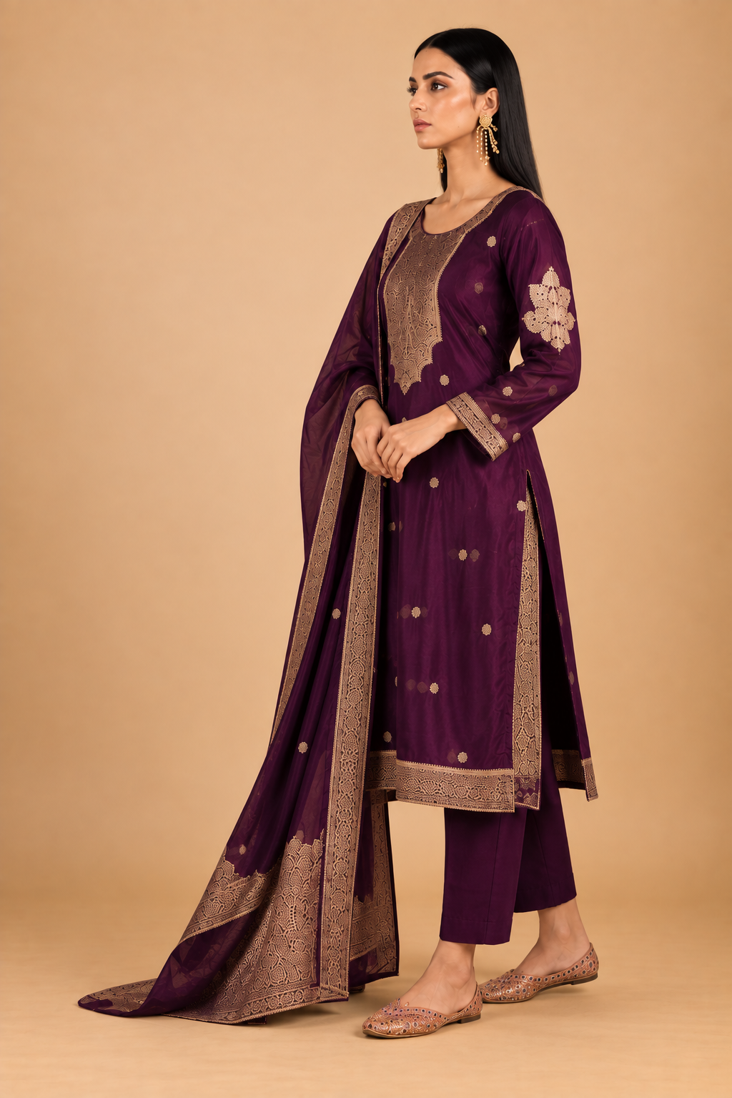 Wine Purple Viscose Silk Jacquard Suit Set With Hand Work