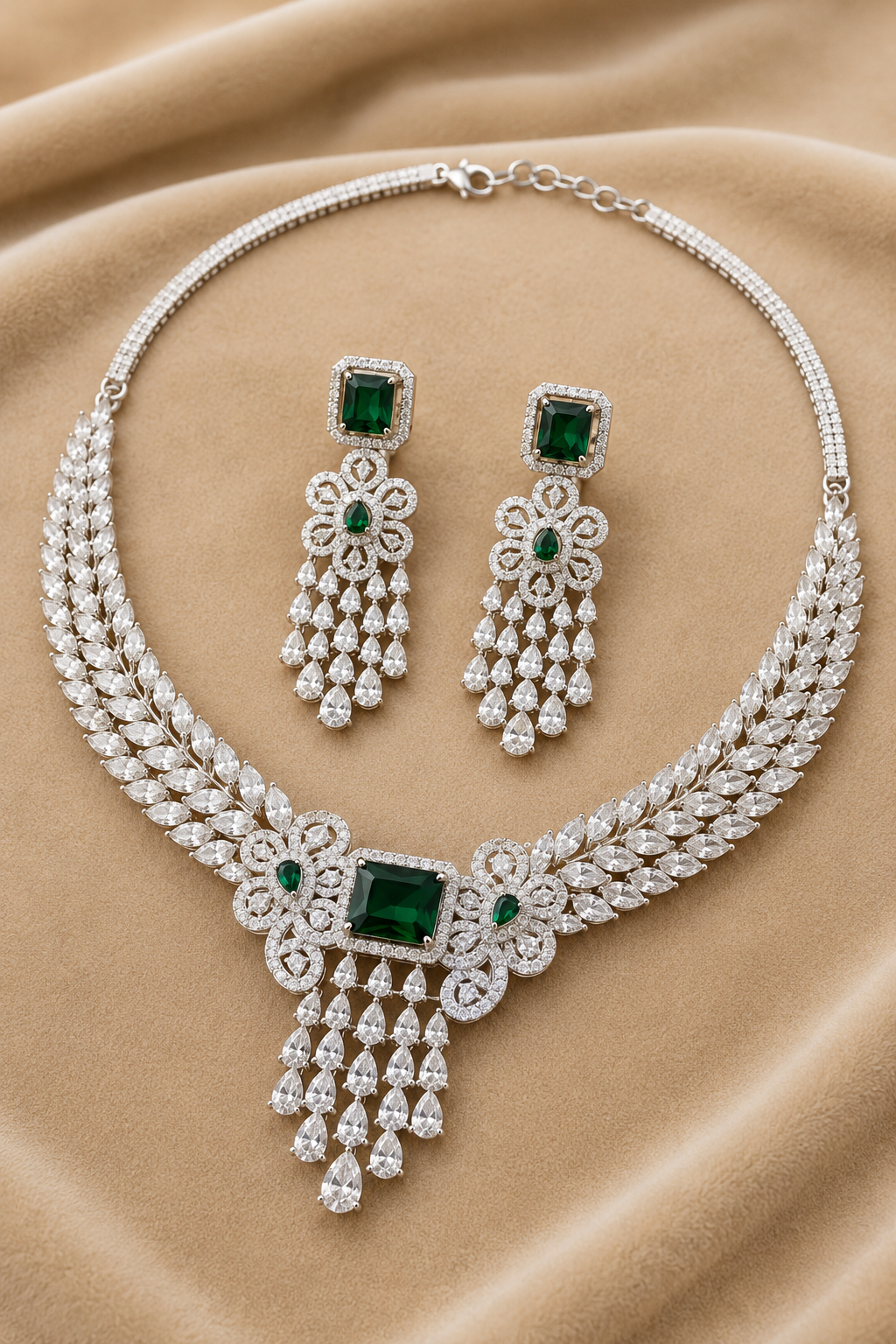 Green Silver Tone American Diamond Necklace Set with Floral Motif