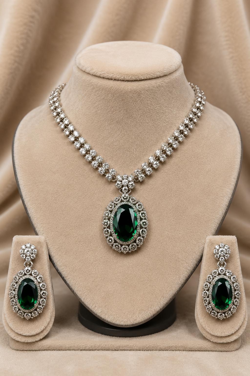 Emerald Green American Diamond Necklace with Earrings Jewellery Set