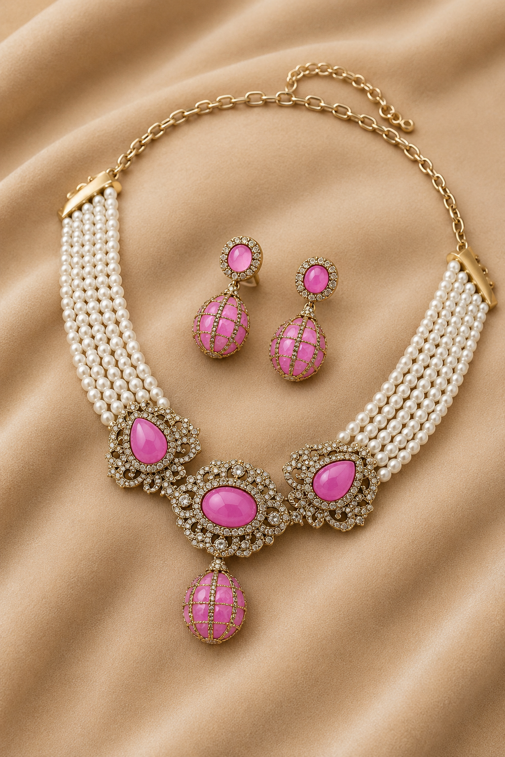 Rose Pink Oval Stone Pearl Strand Necklace Set with Antique Golden Floral Detailing & Matching Drop Earrings