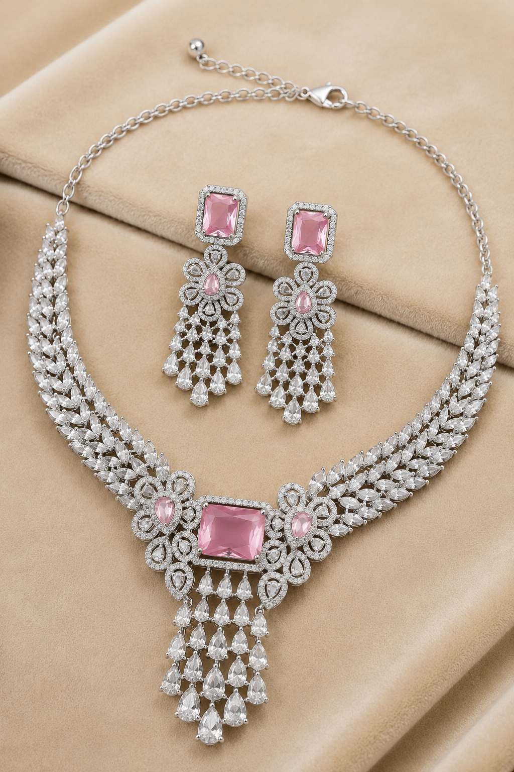 Pink Silver Tone American Diamond Necklace Set with Floral Motif
