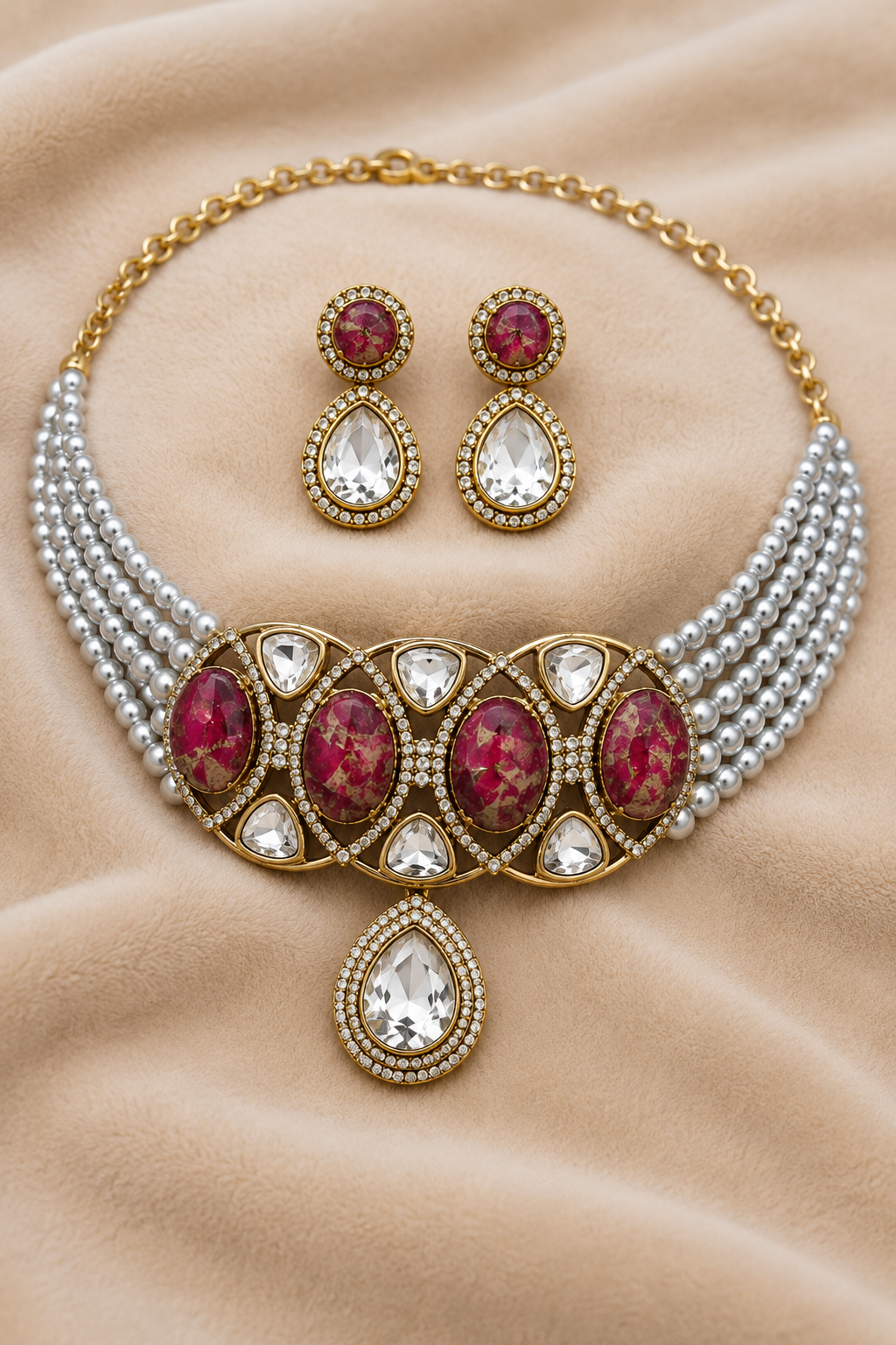 Pearl Multi-Strand Kundan Necklace Set with Red & White Teardrop Stones and Matching Earrings