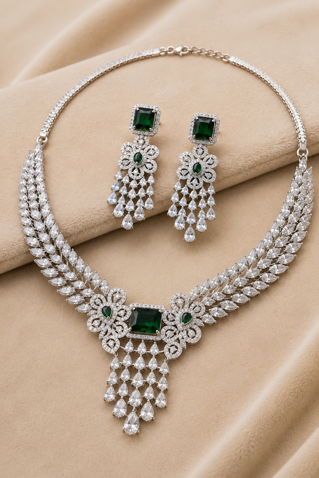 Green Silver Tone American Diamond Necklace Set with Floral Motif