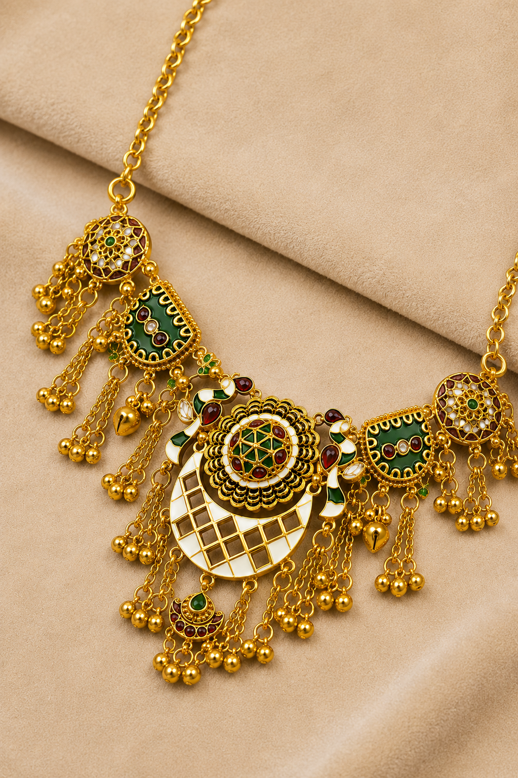 Gold Meenakari Choker Necklace Set with Ghungroo Tassels & Matching Earrings