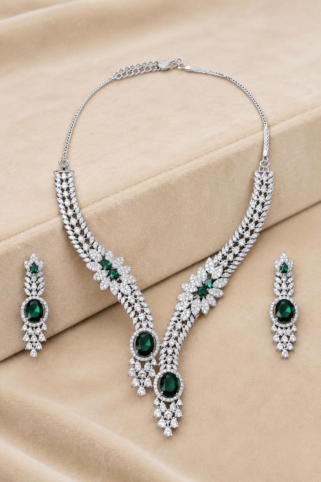 Green Silver-Tone Oval shaped American Diamond Necklace Set with Floral Motif