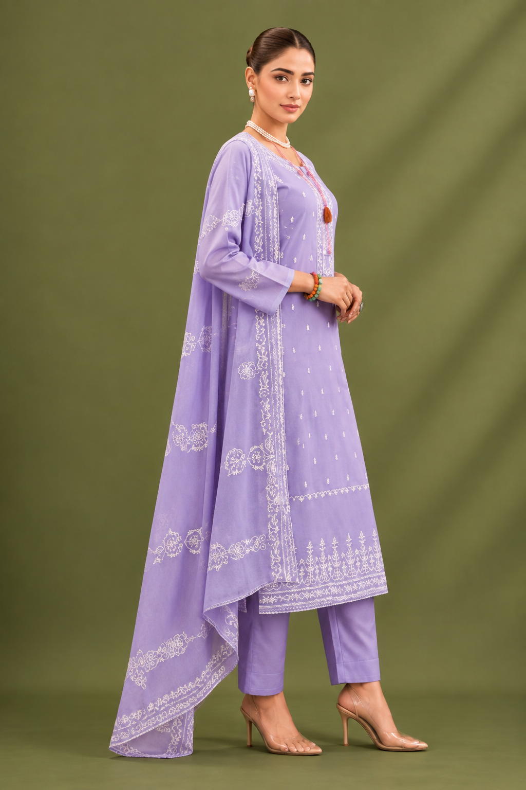Lavender Mal Cotton Suit Set With Laser Cut Work