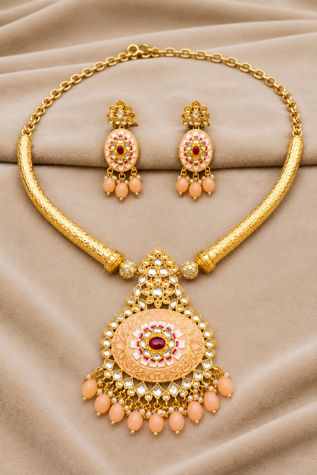 Jadau Kundan Peach Beads and Pearls Hasli Jewellery