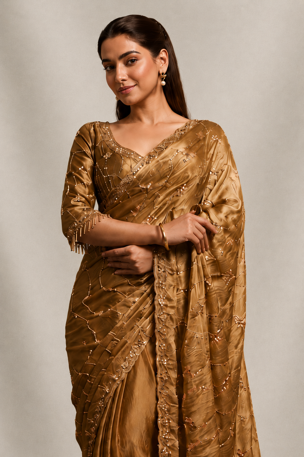 Metallic golden Organza Saree with Hand Embroidery with Stitched Blouse