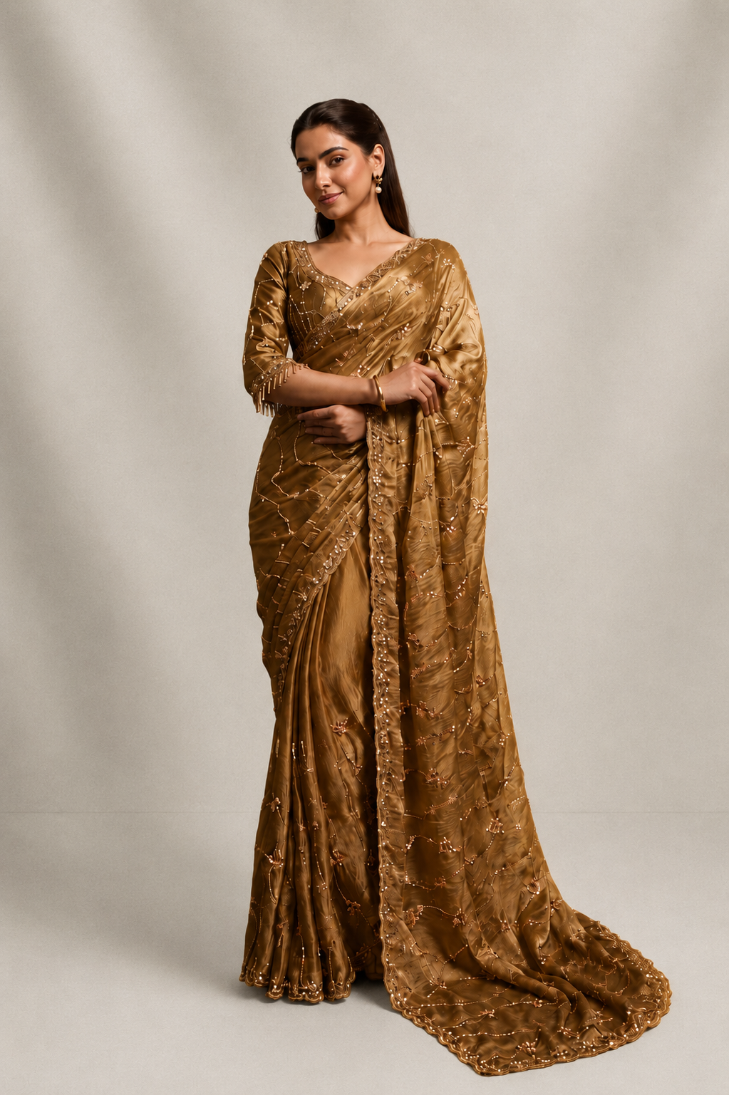 Metallic golden Organza Saree with Hand Embroidery with Stitched Blouse
