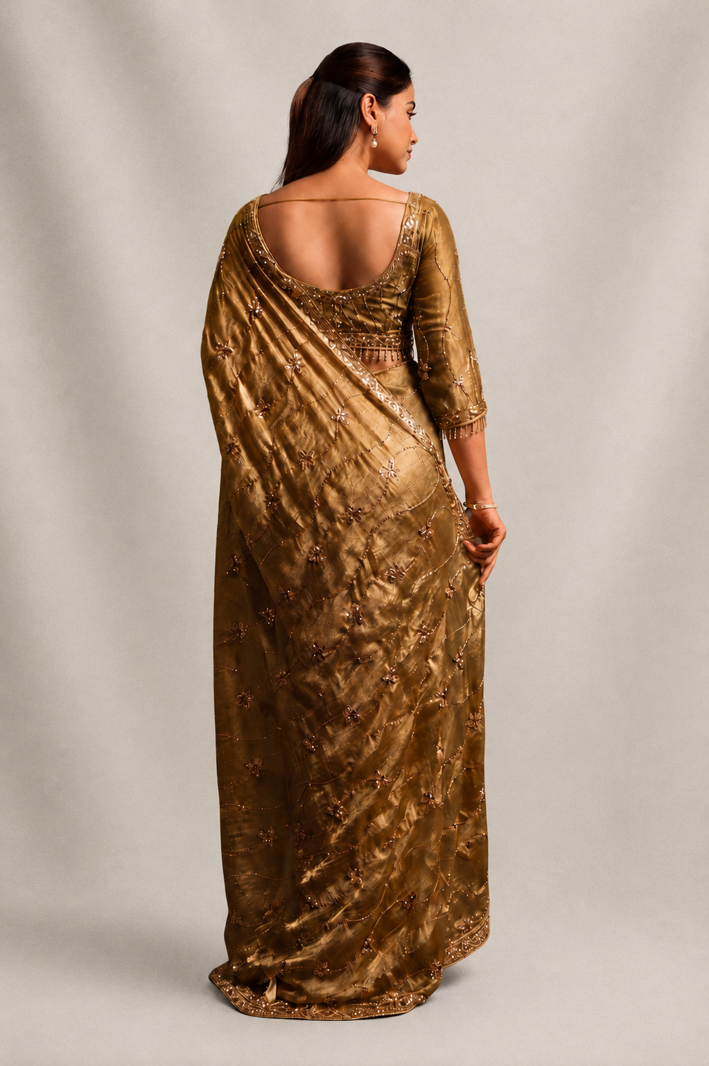 Metallic golden Organza Saree with Hand Embroidery with Stitched Blouse