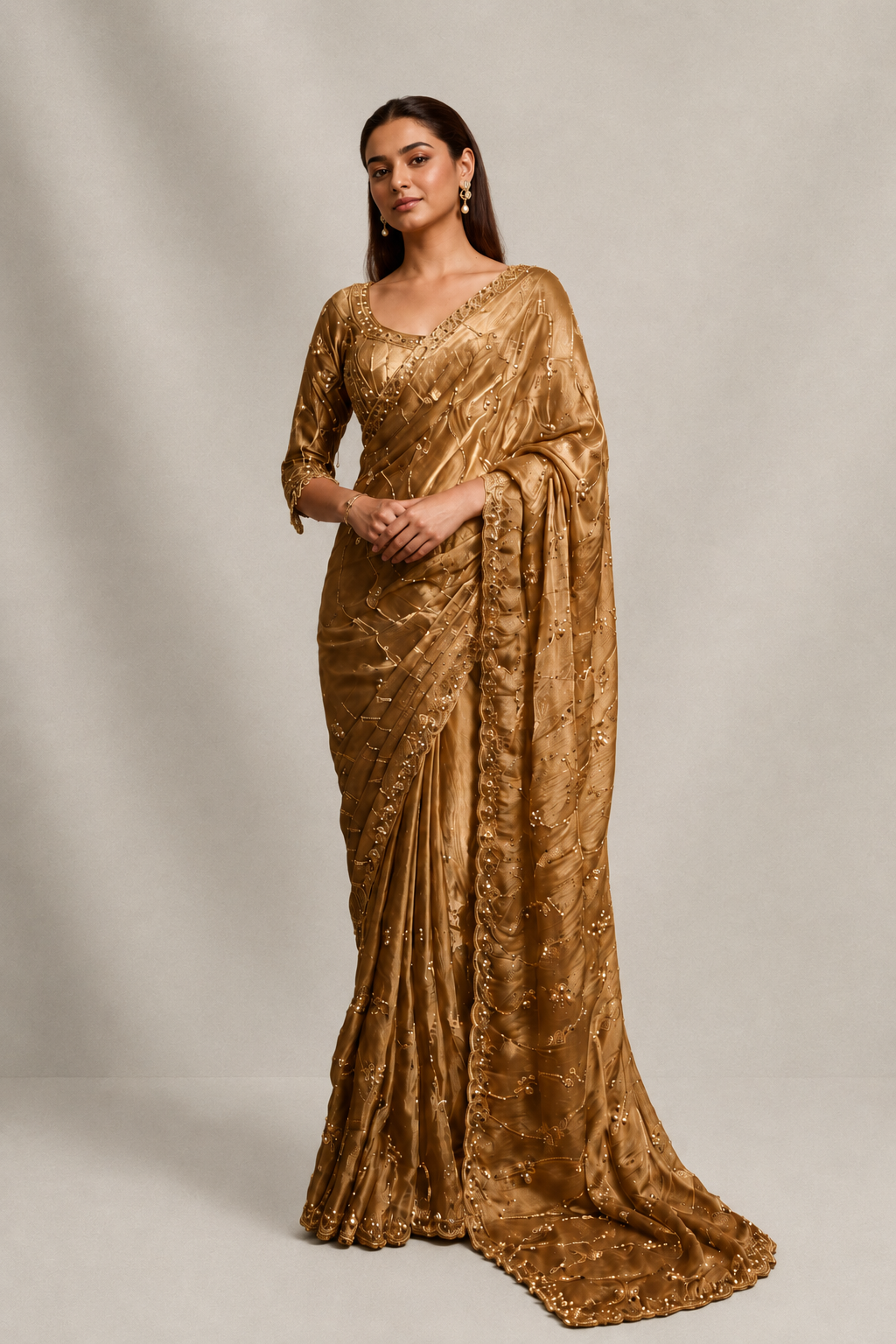 Metallic golden Organza Saree with Hand Embroidery with Stitched Blouse