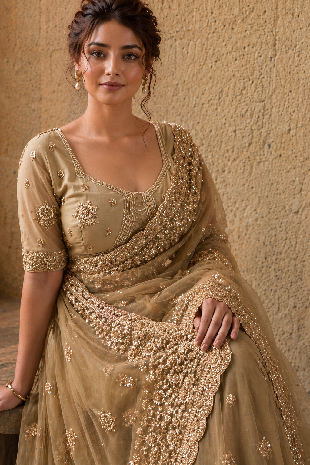 Dark Golden Net Saree with Hand Embroidery with Stitched Blouse