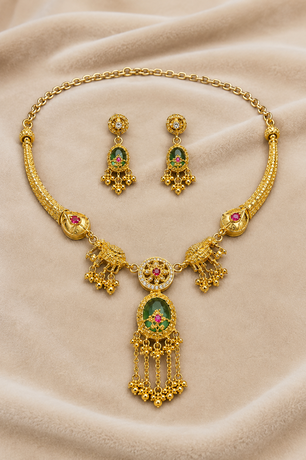 Gold-Tone Traditional Green Enamel Kundan Necklace Set with Ghungroo Tassels