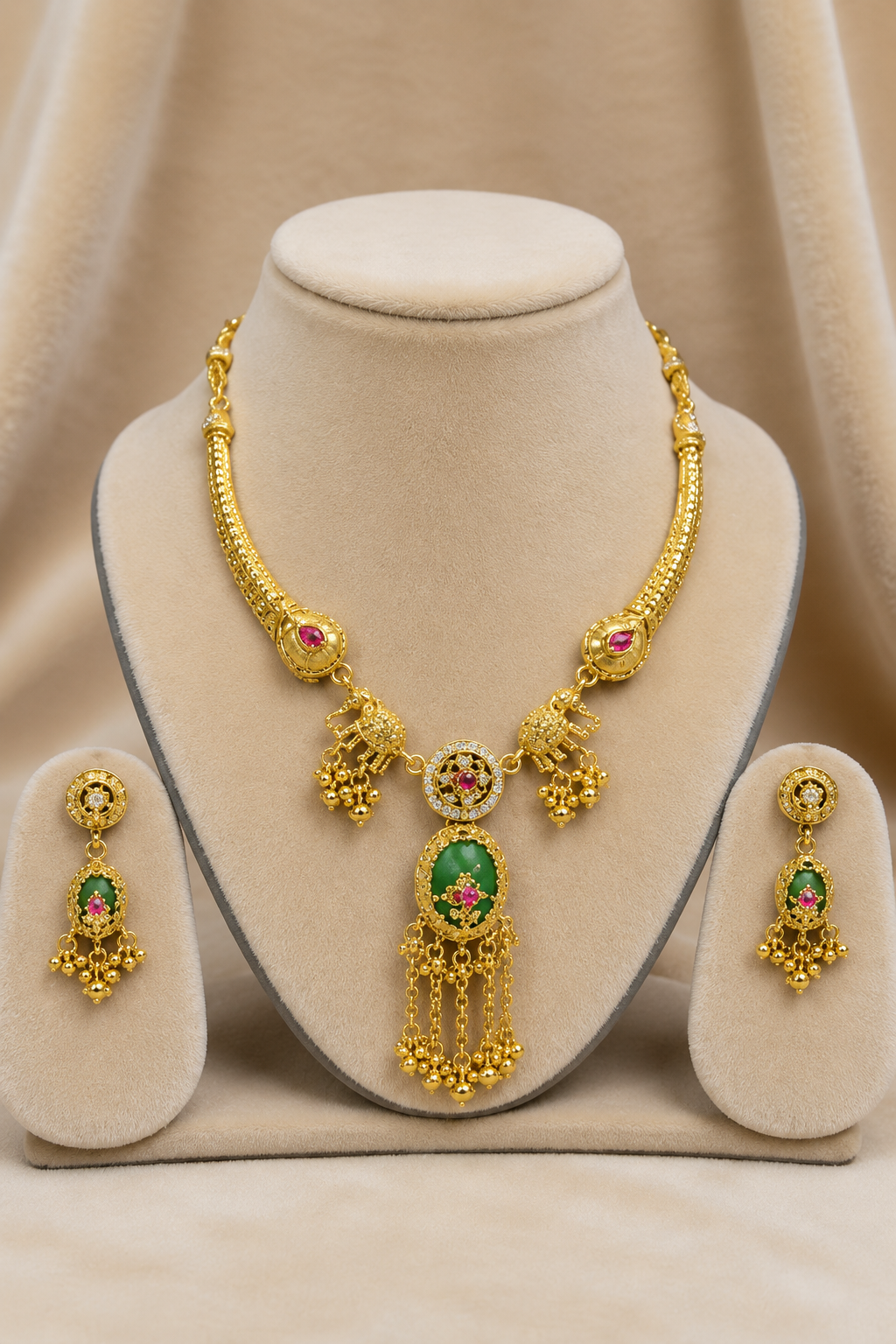 Gold-Tone Traditional Green Enamel Kundan Necklace Set with Ghungroo Tassels