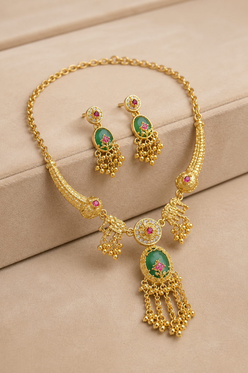 Gold-Tone Traditional Green Enamel Kundan Necklace Set with Ghungroo Tassels