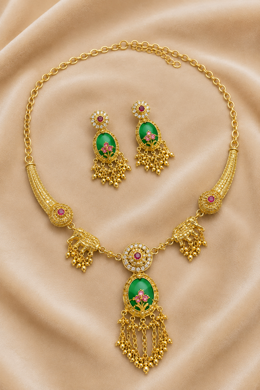 Gold-Tone Traditional Green Enamel Kundan Necklace Set with Ghungroo Tassels