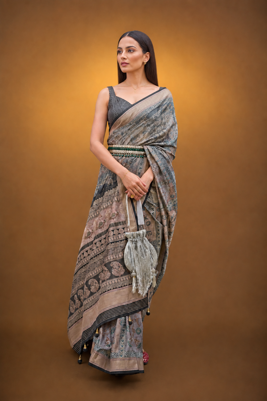 Grey Raw Silk Saree with Floral Motifs