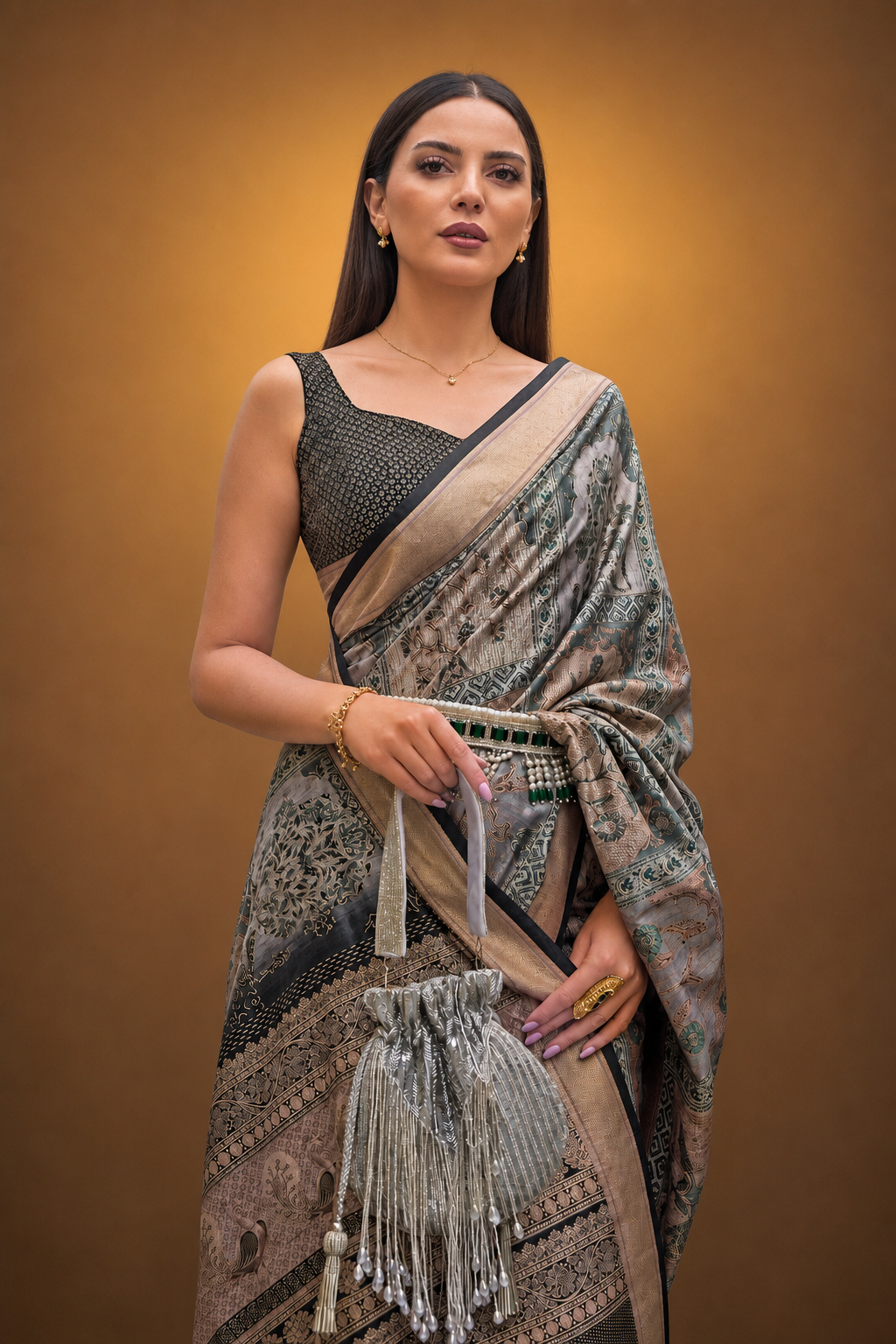 Grey Raw Silk Saree with Floral Motifs
