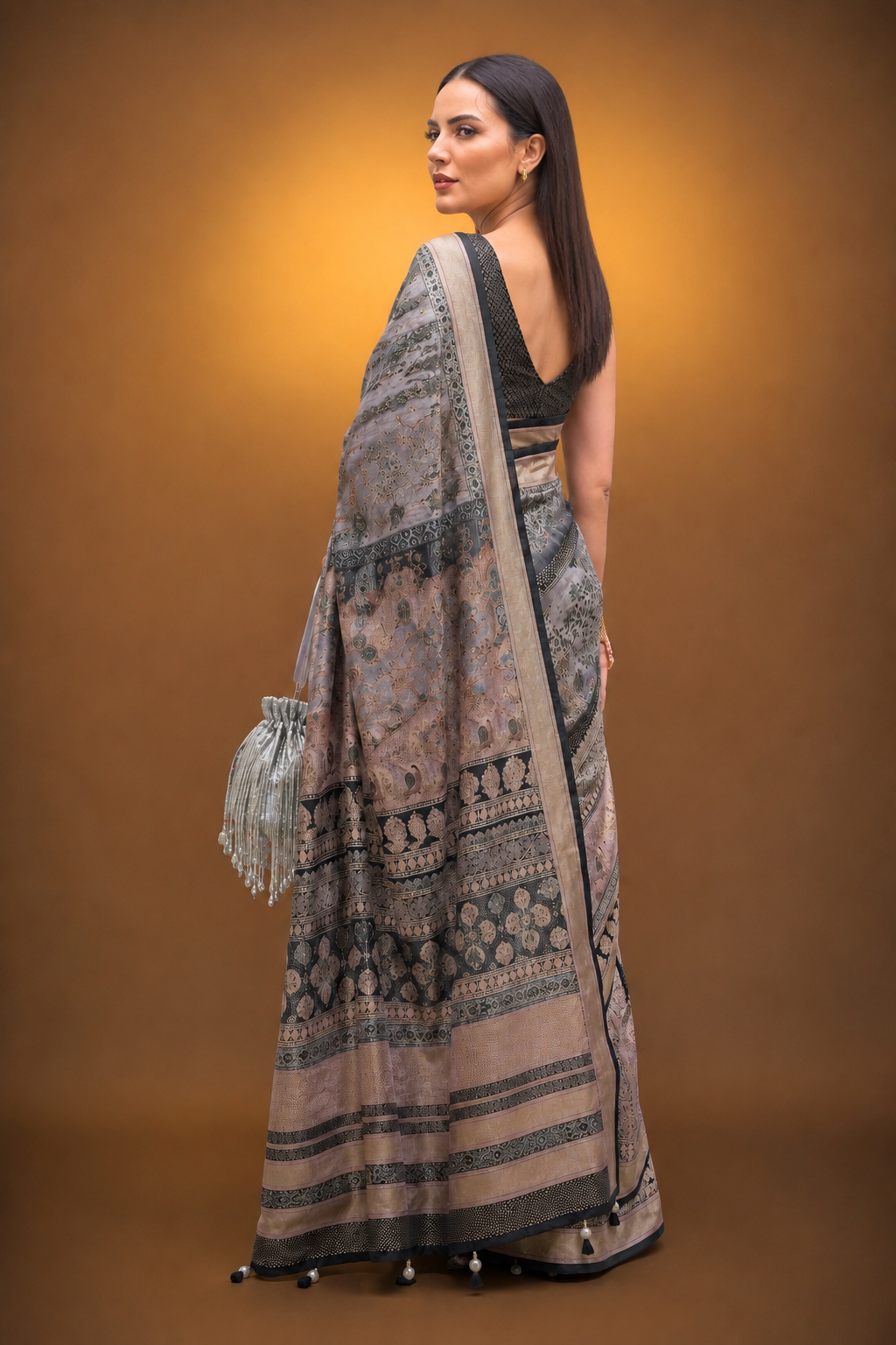 Grey Raw Silk Saree with Floral Motifs