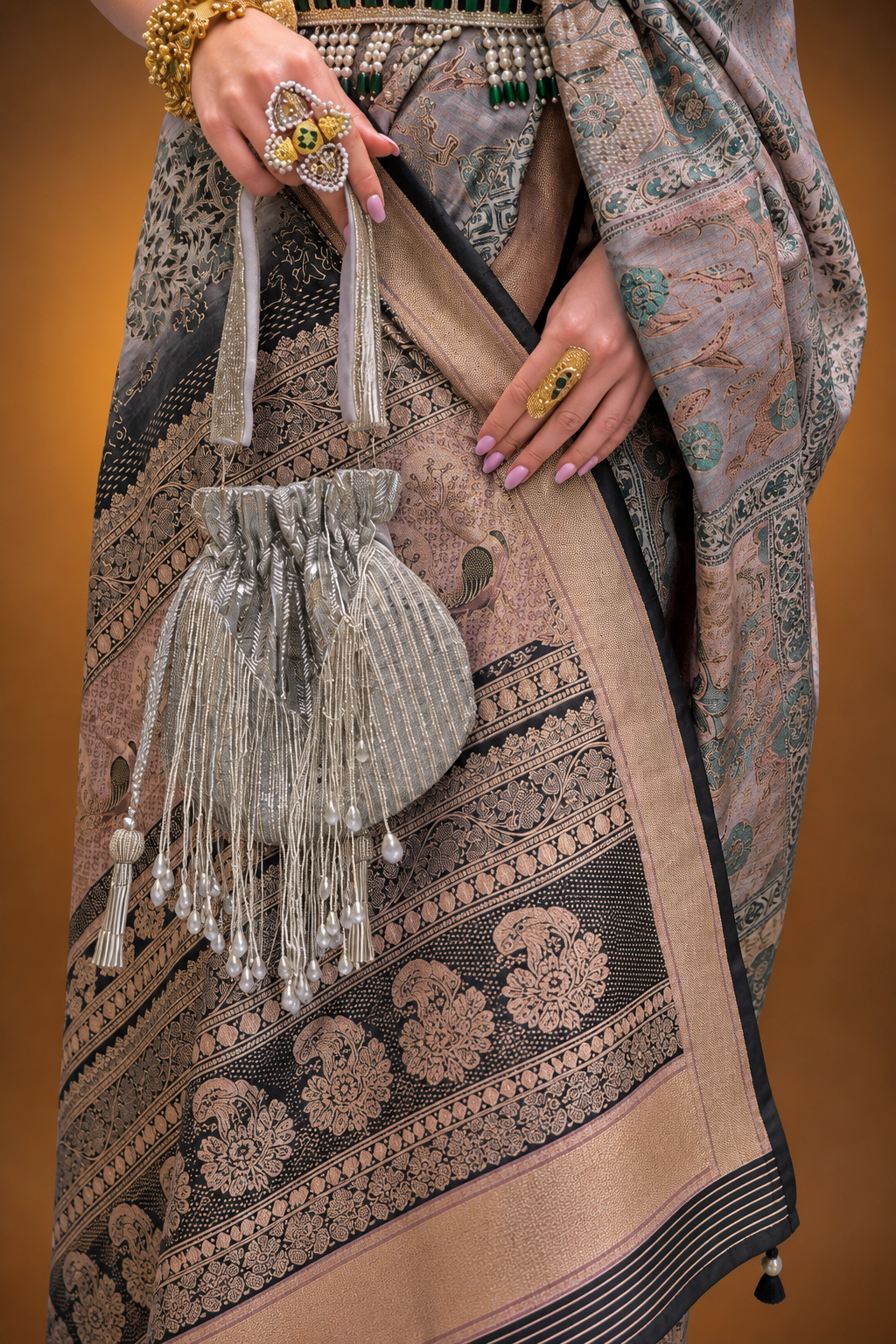 Grey Raw Silk Saree with Floral Motifs