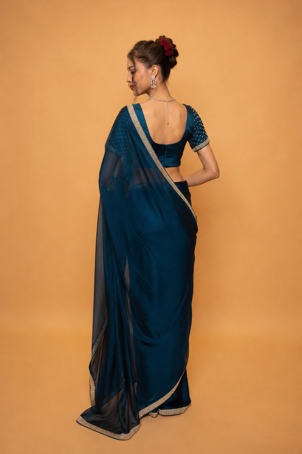 Peacock Blue Georgette Saree With Swarovski Work