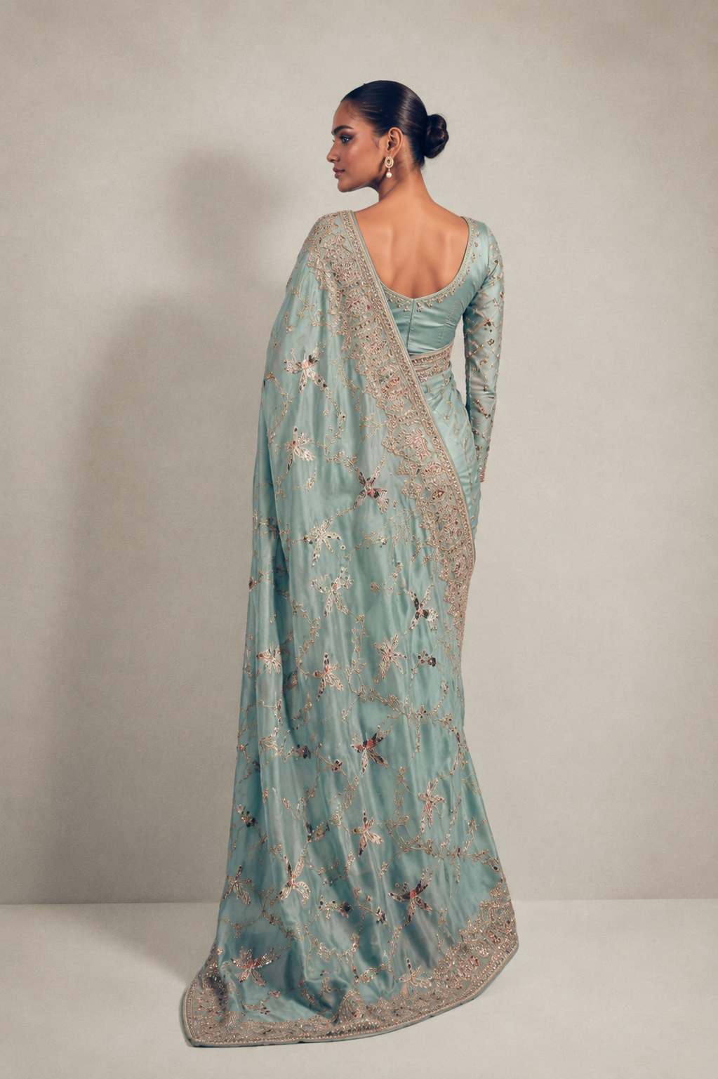 Light Teal Green Organza Silk Saree with Peacock Hand Embroidery with Stitched Blouse