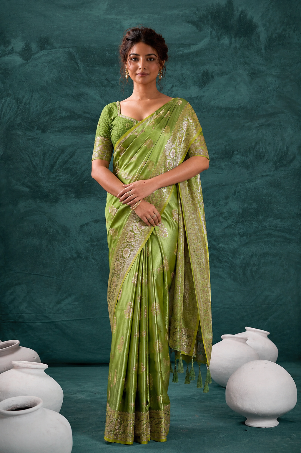 Mehendi Green Banarasi Satin Silk Rich Pallu Saree with Silver Zari Weaving Detailing