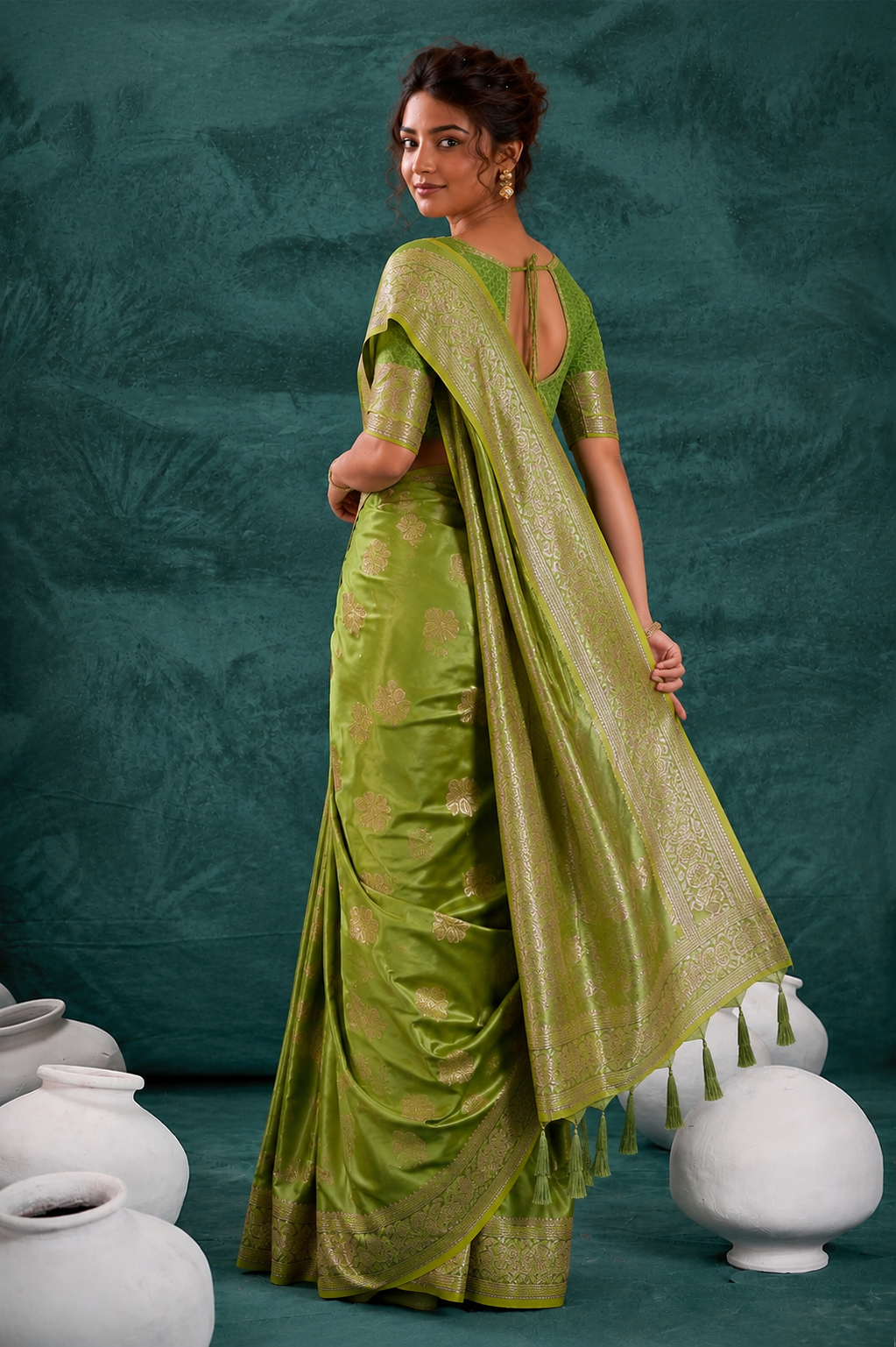 Mehendi Green Banarasi Satin Silk Rich Pallu Saree with Silver Zari Weaving Detailing