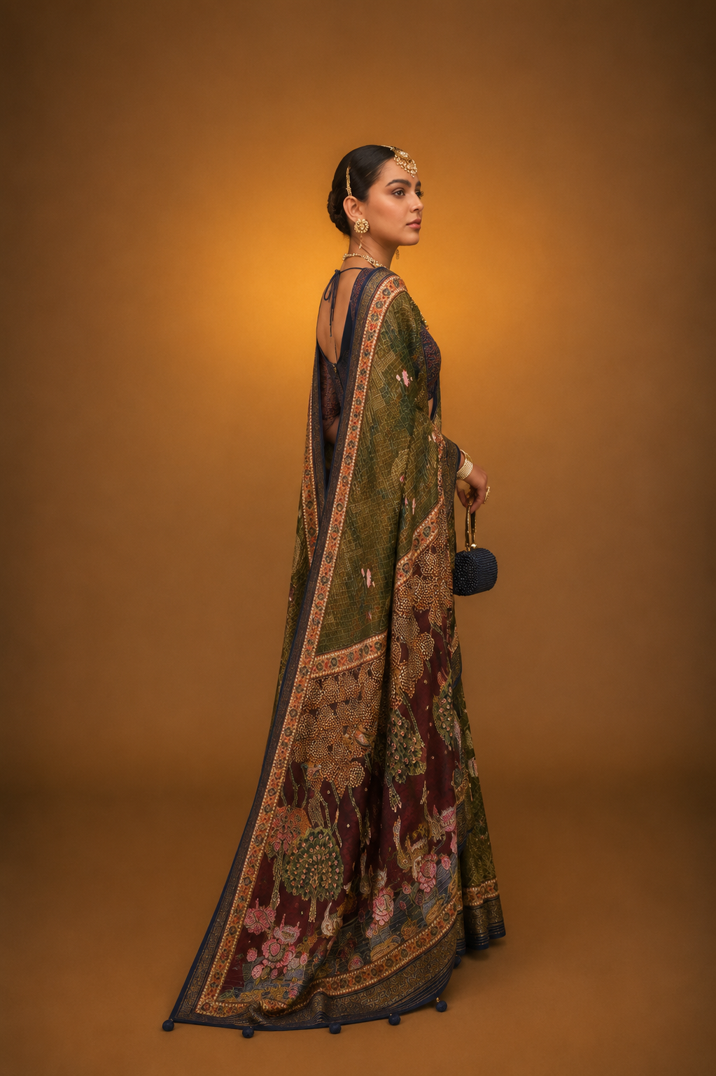 Mehndi Green Raw Silk Saree with Floral Motifs