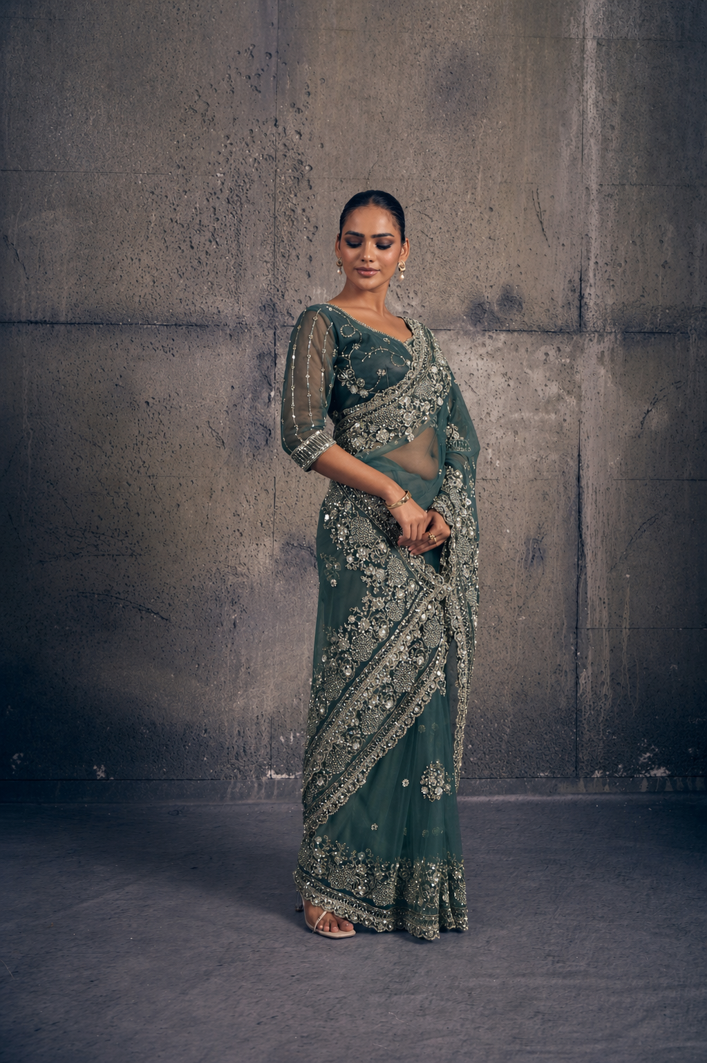 Emerald Green Net Saree with Hand Embroidery with Stitched Blouse