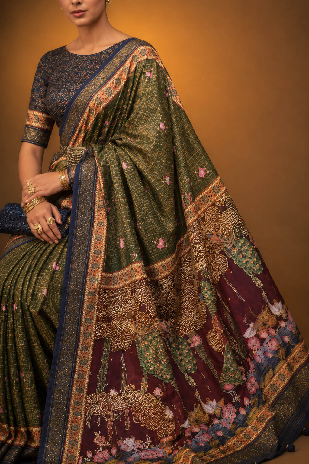 Mehndi Green Raw Silk Saree with Floral Motifs