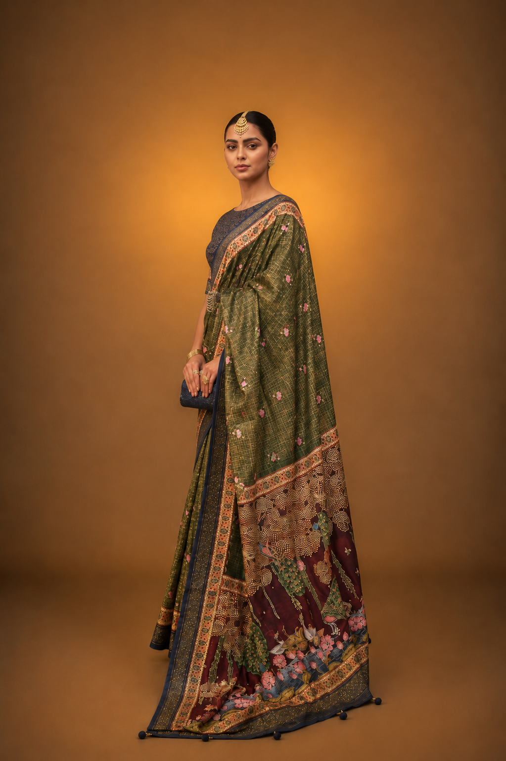 Mehndi Green Raw Silk Saree with Floral Motifs