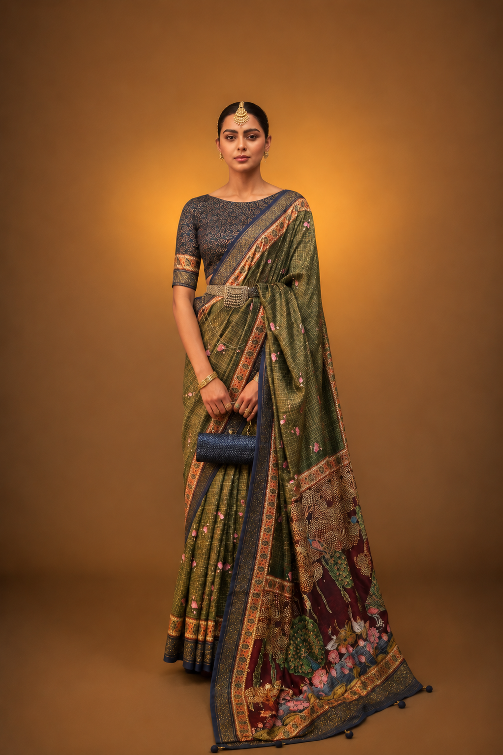 Mehndi Green Raw Silk Saree with Floral Motifs