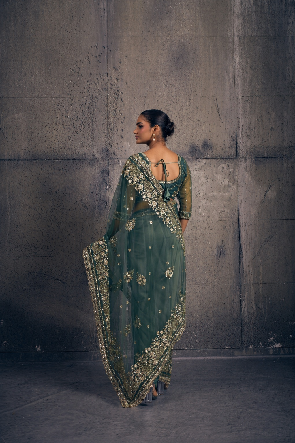 Emerald Green Net Saree with Hand Embroidery with Stitched Blouse
