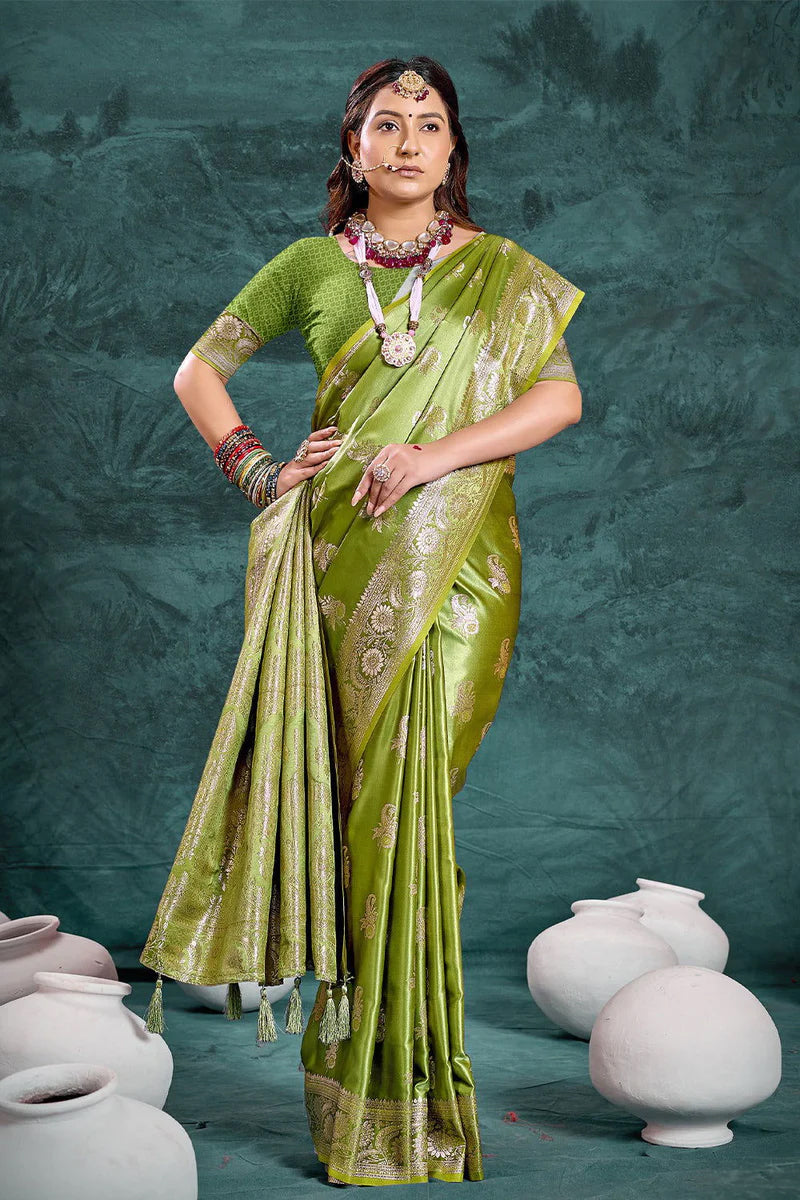 Mehendi Green Banarasi Satin Silk Rich Pallu Saree with Silver Zari Weaving Detailing