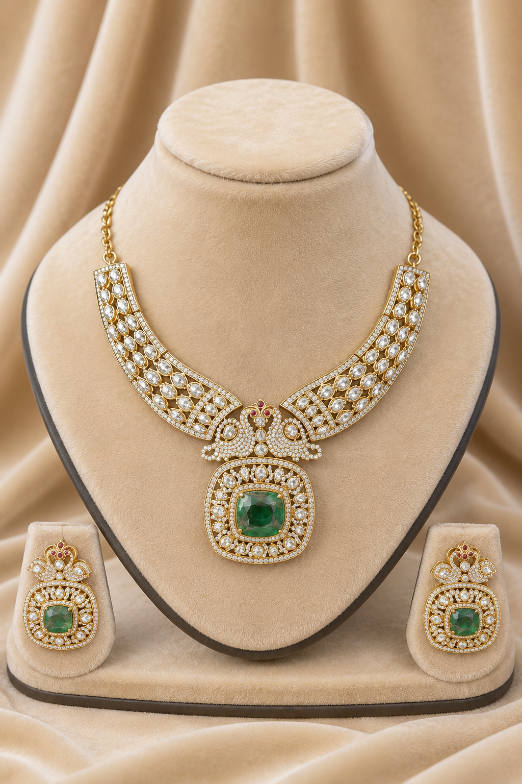 Gold Kundan-Style Green Stone Necklace Set with Intricate Filigree Detailing & Matching Earrings