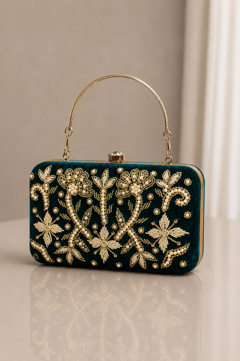 Handwork Green Pearl Zardosi Work Clutch with Handle and Velvet Base