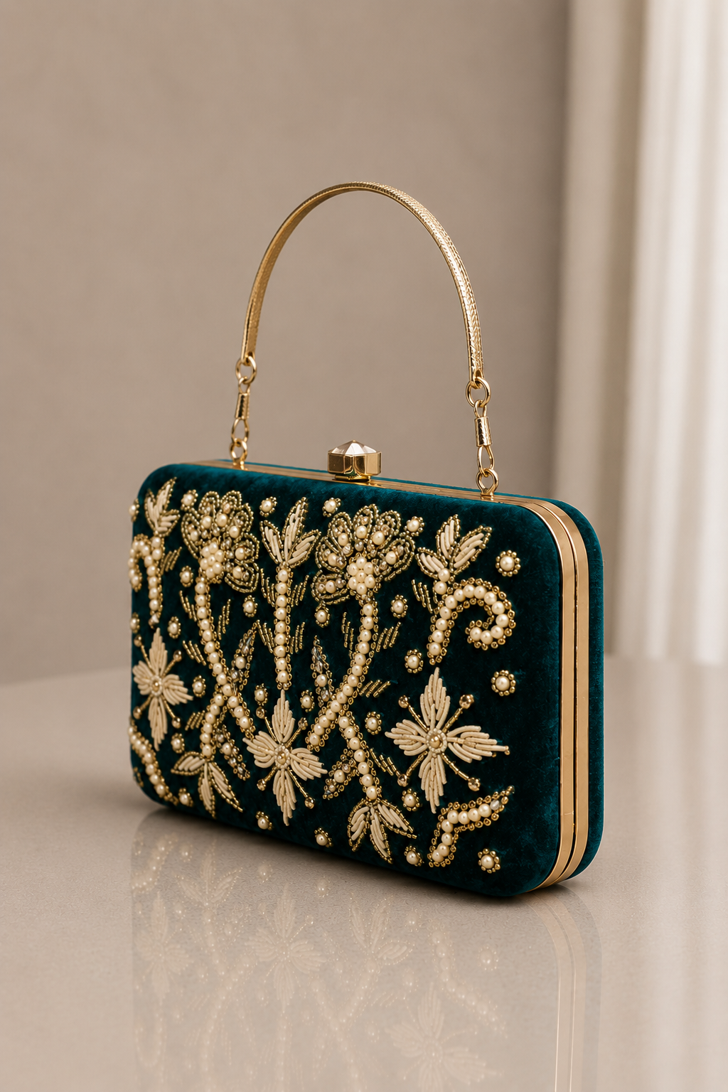 Handwork Green Pearl Zardosi Work Clutch with Handle and Velvet Base