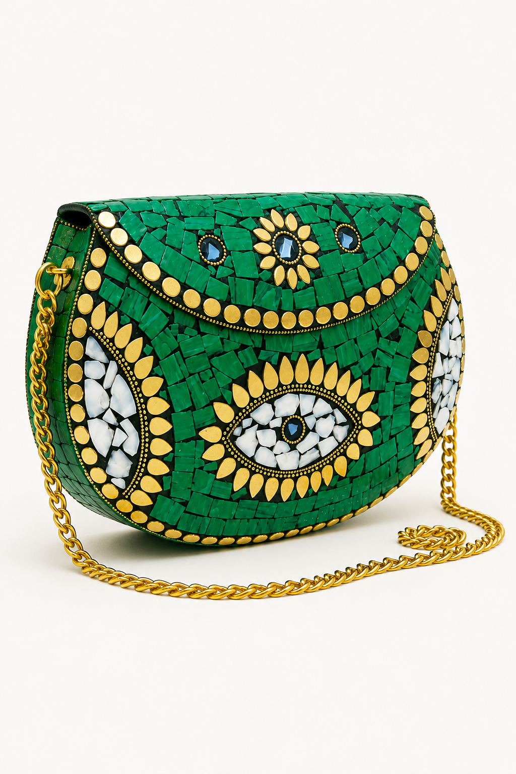 Green Clutch with Handcrafted Golden Mosaic