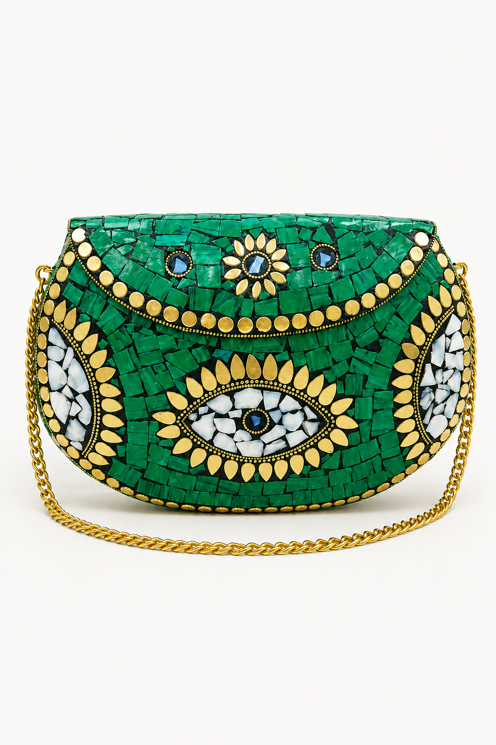 Green Clutch with Handcrafted Golden Mosaic