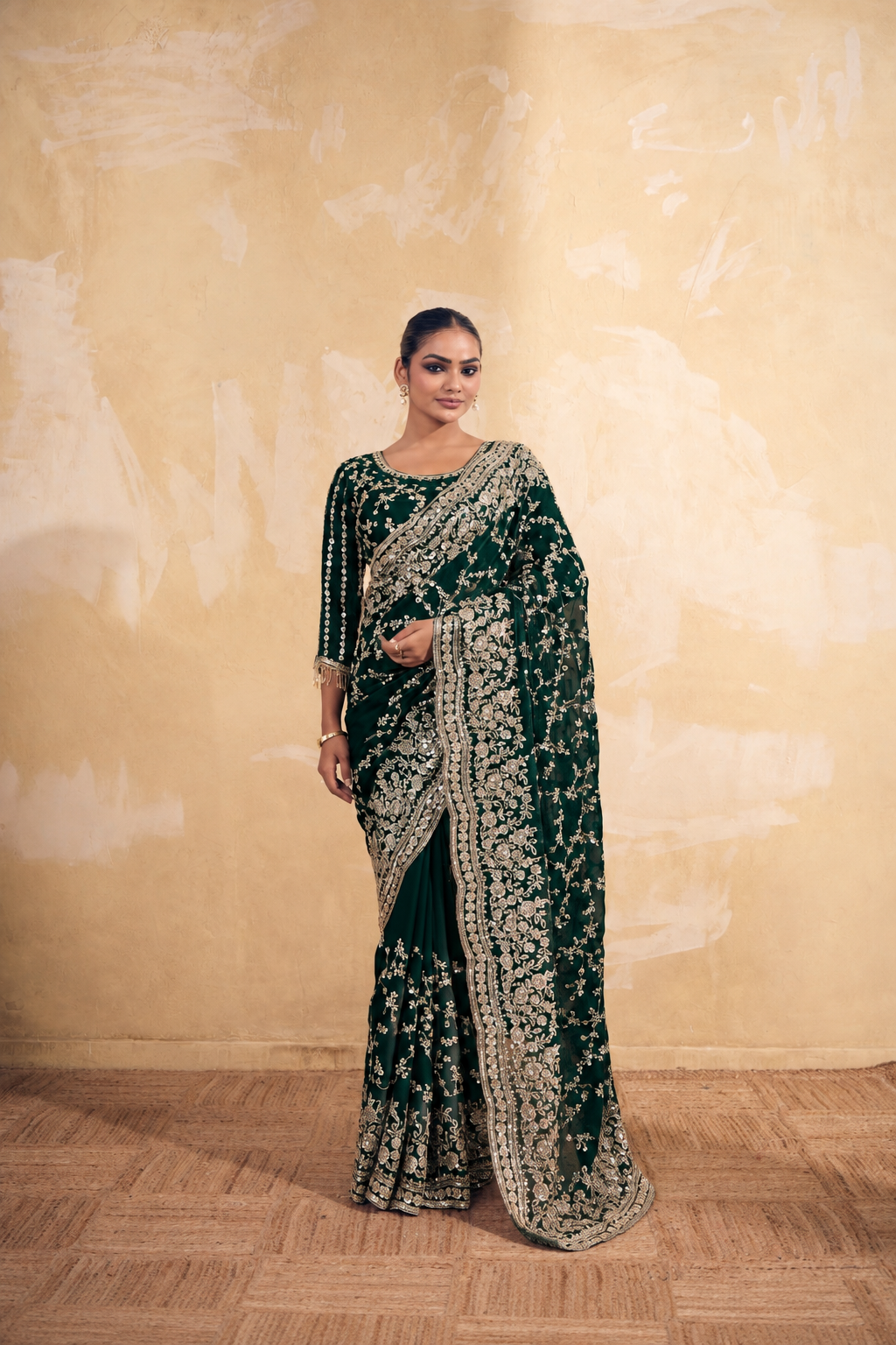 Bottle Green Organza Saree with Embroidery work