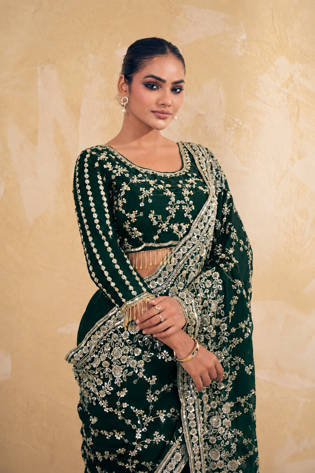 Bottle Green Organza Saree with Embroidery work