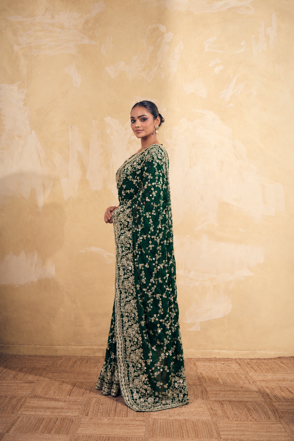 Bottle Green Organza Saree with Embroidery work